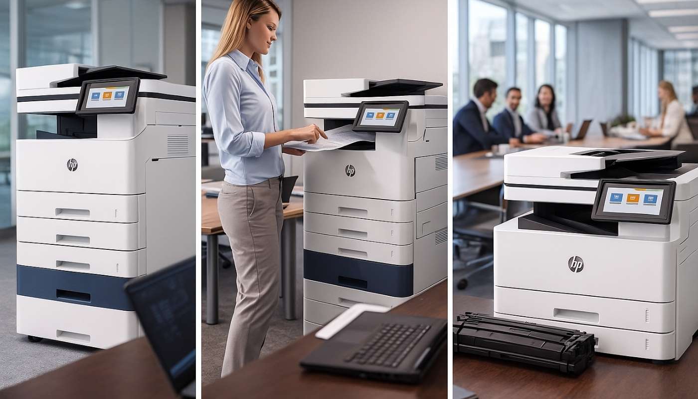 HP zakelijke multifunctionele printer in een moderne, lichte kantooromgeving